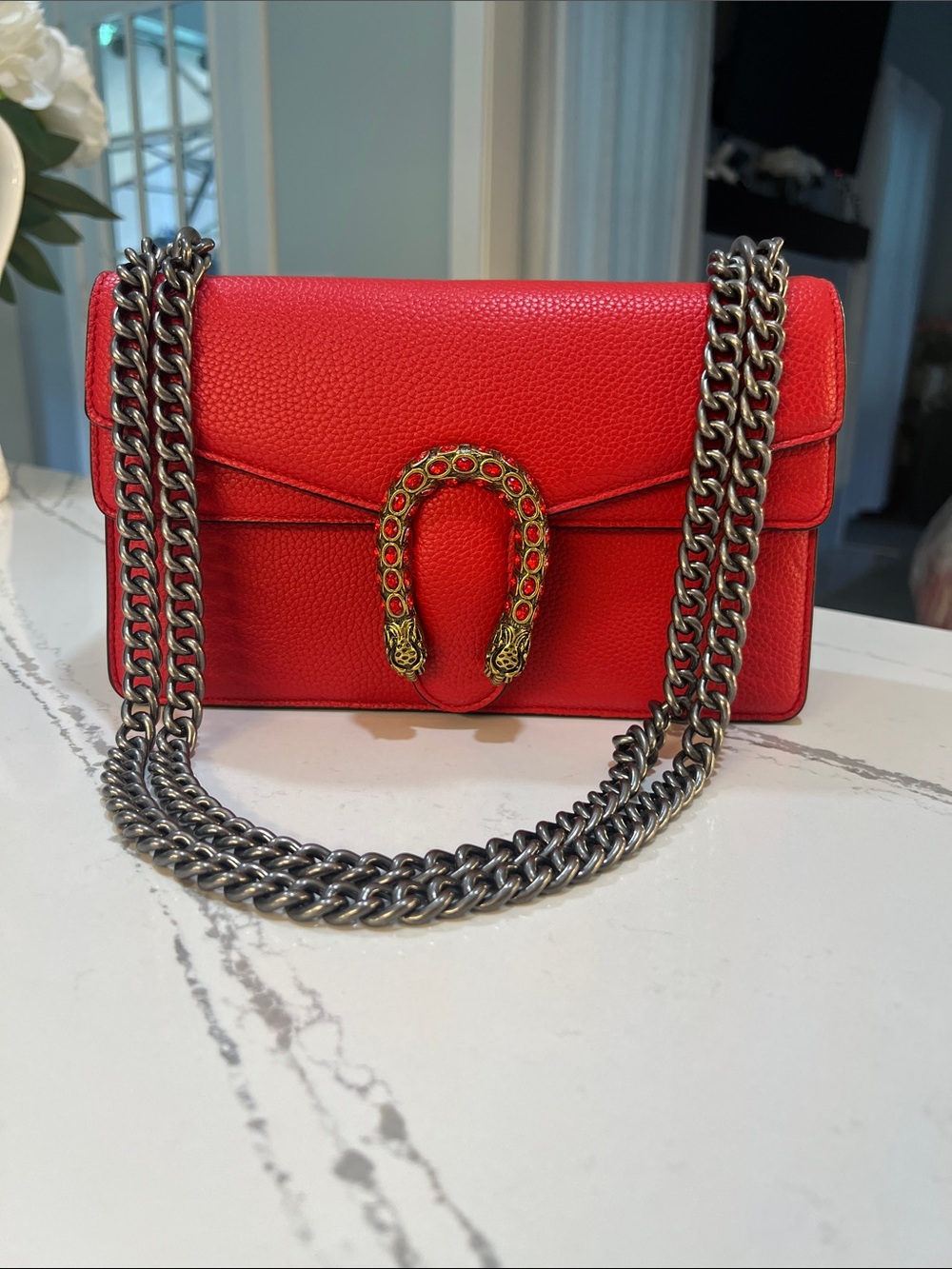 Tiffany and Fred Paris Red Cristal Dragon Leather Crossbody Bag Pebbled Leather